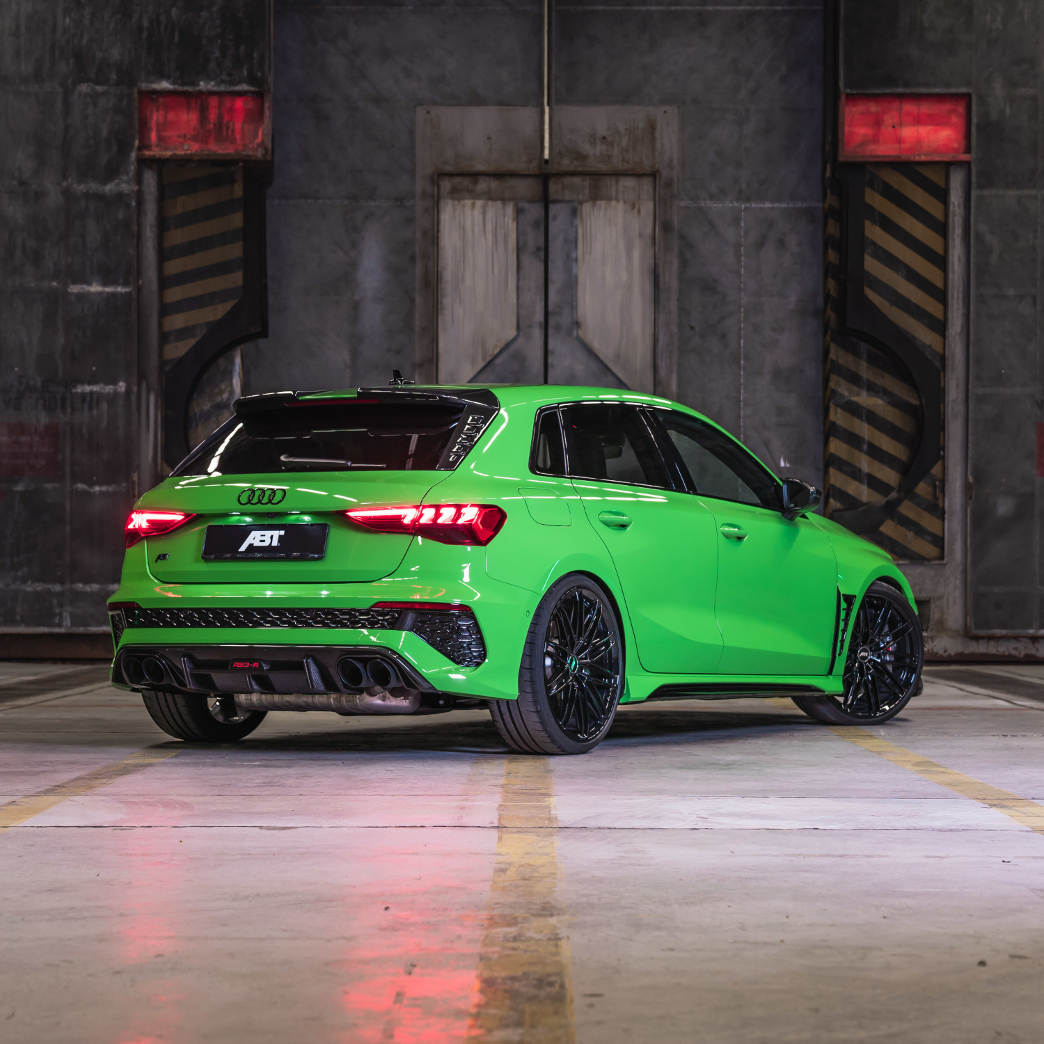 green RS3-R from the side rear view in the hall