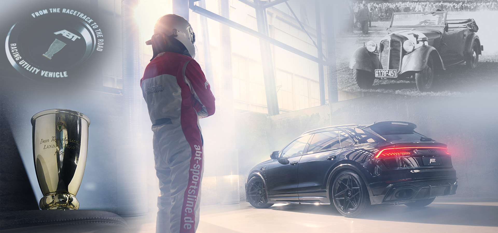 Pictures collage racing driver looks black RSQ8 Signature Edition, trophy, emblem and vintage Audi with Johann ABT